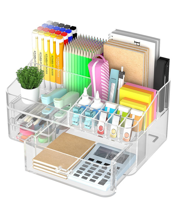 HEMTROY Acrylic Desk Organizer with 3 Drawer, Office Organizer, Multi-Functional Desk Caddy, Large Desktop Storage Box for Home, Cabinet, Bathroom, O