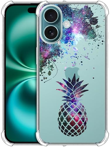 GlamCase for iPhone 16 Plus, iPhone 16 Plus Clear Case - Galaxy Pineapple Design Printed Durable Clear Shockproof Protective Designer Back Clear Case