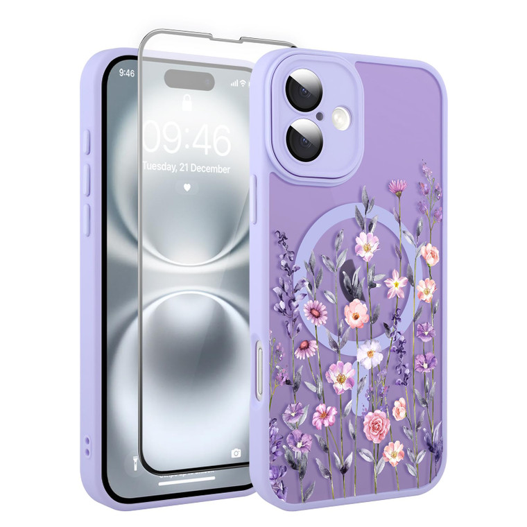 Fsoole Upgraded Magnetic for iPhone 16 Case 6.1" with Screen Protector [Compatible with MagSafe] Pretty Flower Floral Pattern Design, Shockproof Cove
