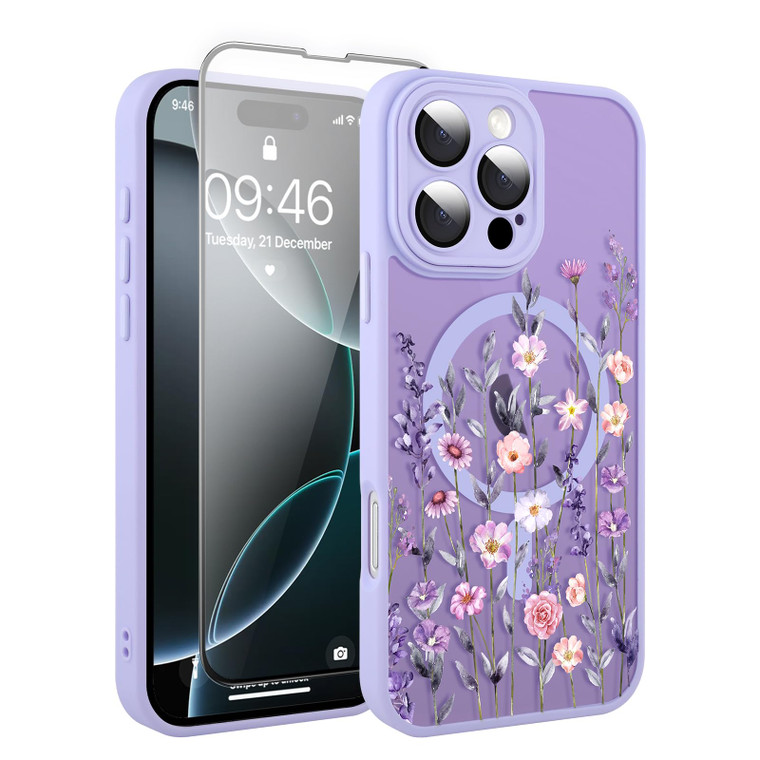 Fsoole Upgraded Magnetic for iPhone 16 Pro Max Case 6.9" with Screen Protector [Compatible with MagSafe] Pretty Flower Floral Pattern Design, Shockpr