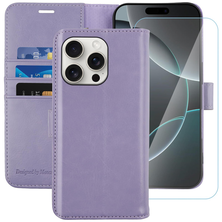 MONASAY Wallet Case Compatible for iPhone 16 Pro 5G, [Glass Screen Protector Included] [RFID Blocking] Flip Folio Leather Cell Phone Cover with Credi