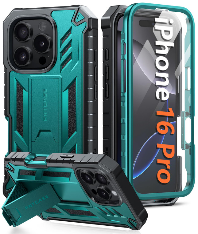 FNTCASE for iPhone 16 Pro Case: Military Grade Drop Proof Protection Mobile Cover with Kickstand | Matte Textured Rugged Shockproof TPU | Protective