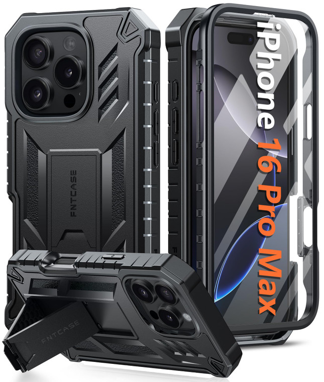 FNTCASE for iPhone 16 Pro-Max Case: Military Grade Drop Proof Protection Mobile Cover with Kickstand | Matte Textured Rugged Shockproof TPU | Protect