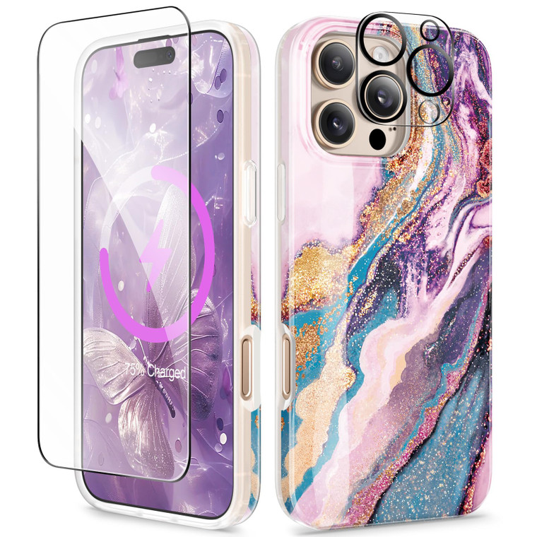 GVIEWIN for iPhone 16 Pro Case Compatible with MagSafe, with Screen & Lens Protectors, Military-Grade Protection Slim Marble Shockproof Magnetic Phon