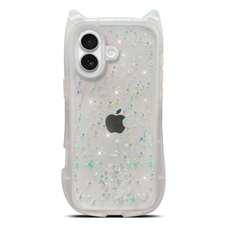 LYQZDT for iPhone 16 Plus Case 6.7" Bling Glitter Sparkle Star Shiny Clear Transparent Cute Kawaii 3D Cat Ear Soft Silicone Shockproof Protective Arc
