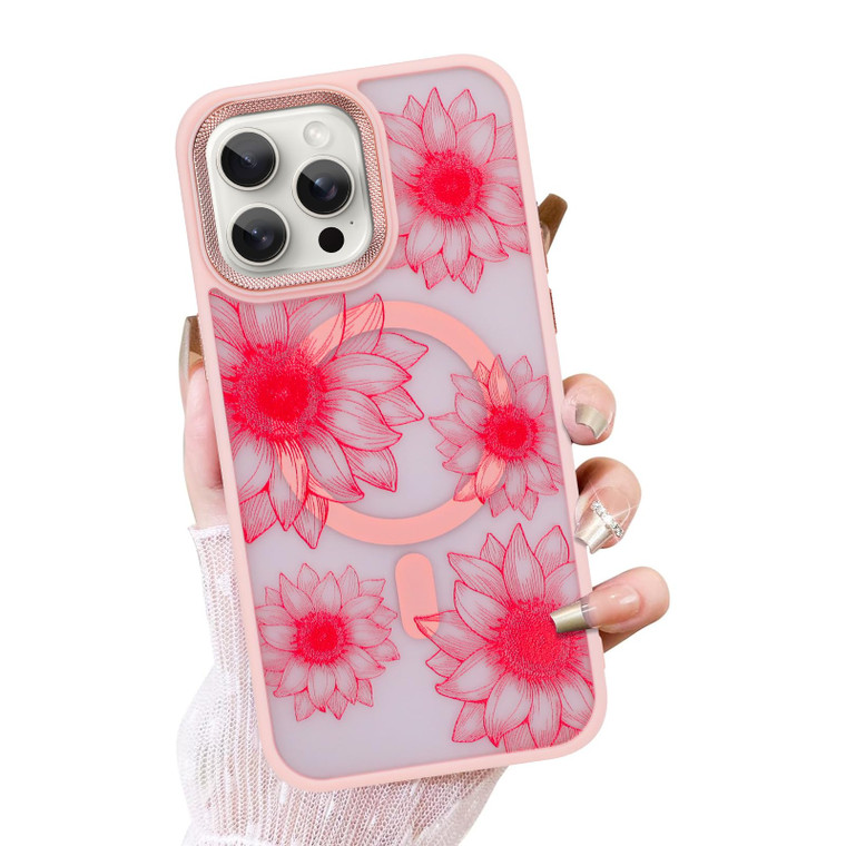 OOK Pink Case Design for iPhone 16 Pro Max Case [Compatible with MagSafe], Cute Sunflower Floral Blooms Design Frosted Shockproof for Women Girls Mag