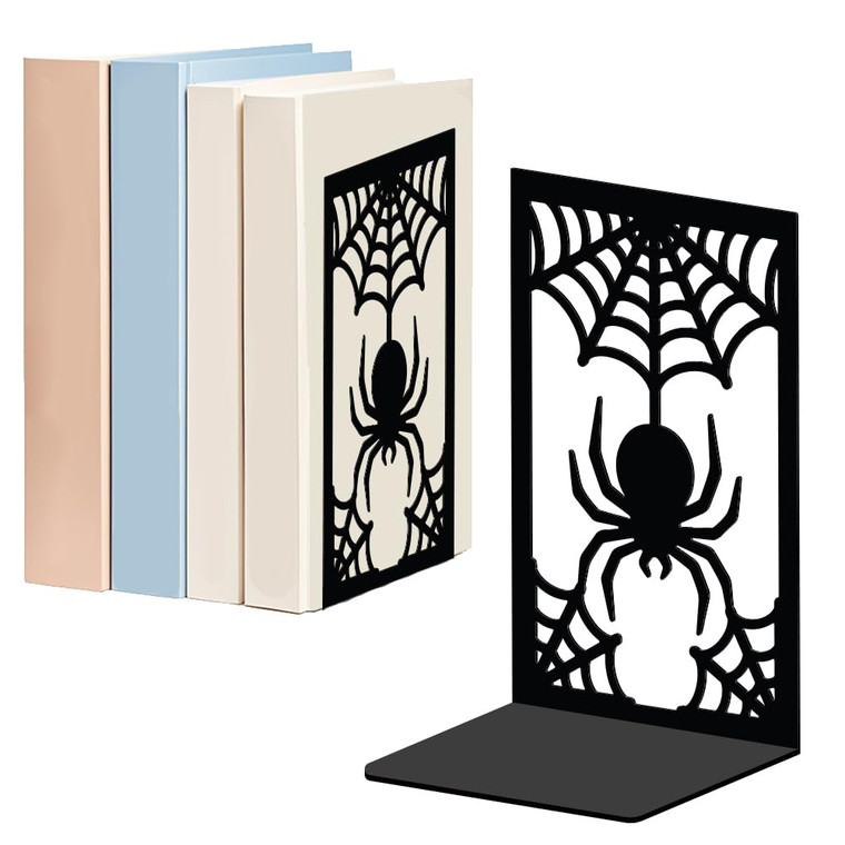 WADORN Spider and Spider Web Bookends for Shelves Decorative 1 Pair, Cute Spider Gothic Non-Skid Heavy Duty Book Ends Metal Book Holder Black L-Shape