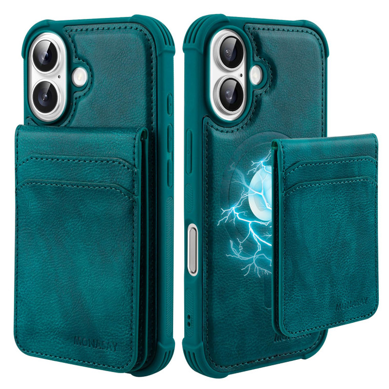 MONASAY Magwallet Case Fit for iPhone 16 Plus,[Support MagSafe Wireless Charging][Glass Screen Protector] Flip Magnetic Leather Wallet Phone Cover wi
