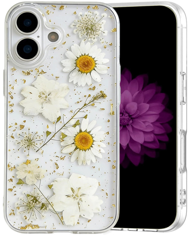 CEOKOK for iPhone 16 Plus Case Floral-Clear with Dry Real Flowers Cute Design Glitter Sparkly Girly Women Aesthetic Soft TPU Slim Shockproof Protecti