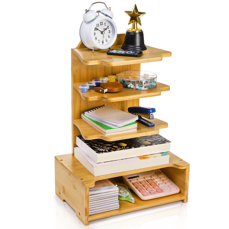 Acshio 4 Tier Desktop Bookshelf, Small Bamboo Bookcase with Drawer, Display Floor Standing Storage Shelf Book Organizer Shelves for Home Office, Livi