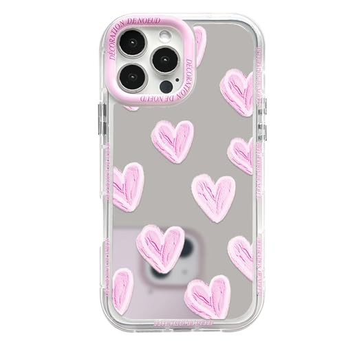 NITITOP Compatible with iPhone 16 Pro Case Cute Glossy Mirror Love Heart Pattern for Women Girls Rose Pink Frame Design Shockproof Silver Protective