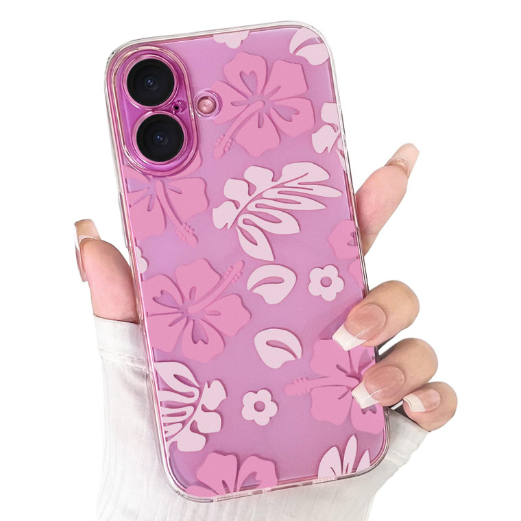 NITITOP Compatible with iPhone 16 Case Cute Clear Aesthetic Floral Flower Hibiscus Pattern for Girls Women Soft TPU Full Camera Lens Shockproof Prote