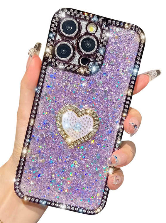 KERZZIL Luxury Girly Heart Stand Compatible with iPhone 16 Pro Max Case, Cute Bling Glitter Foil and Diamond with Full Camera Protector Cover(Purple,