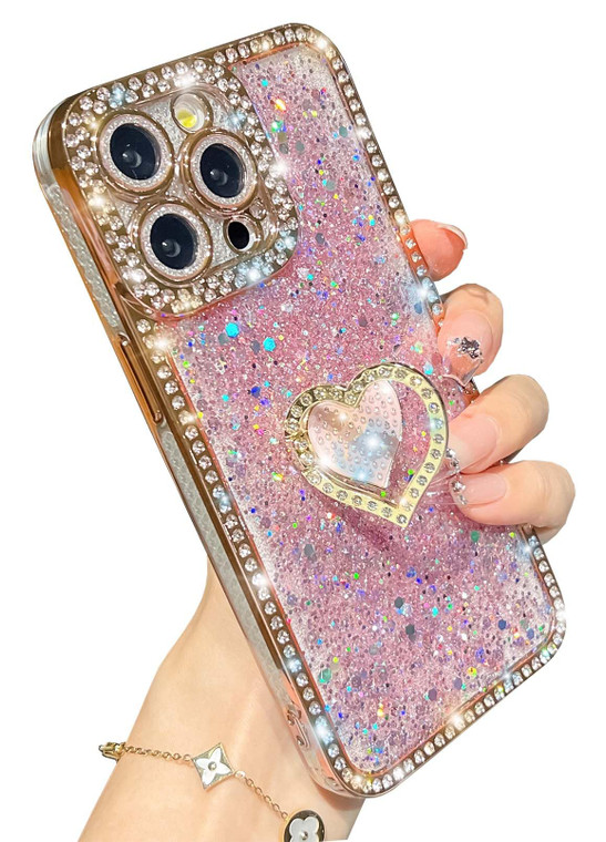 KERZZIL Luxury Girly Heart Stand Compatible with iPhone 16 Pro Case, Cute Bling Glitter Foil and Diamond with Full Camera Protector Cover(Rose Gold,1