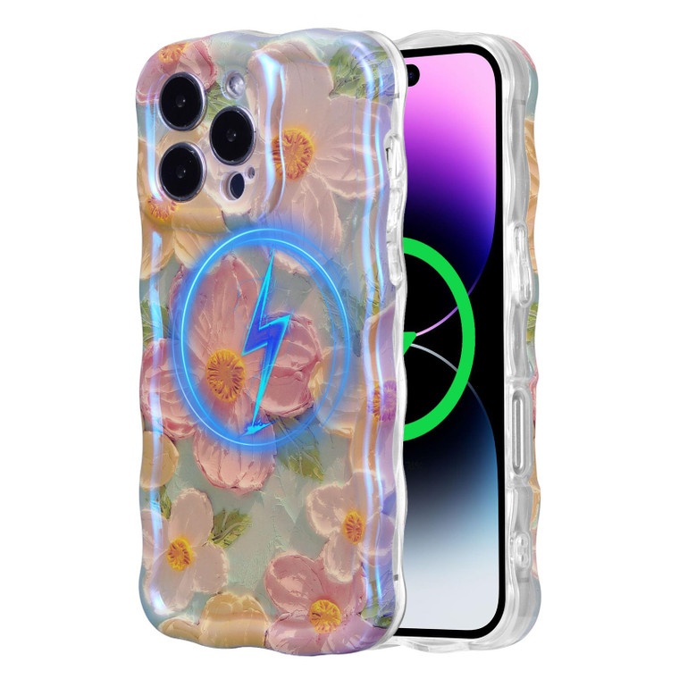 EYZUTAK Case for iPhone 16 Pro, [Compatible with MagSafe] Colorful Oil Painting Flower Glossy Cute Curly Wave Edge Exquisite Phone Cover Stylish Dura