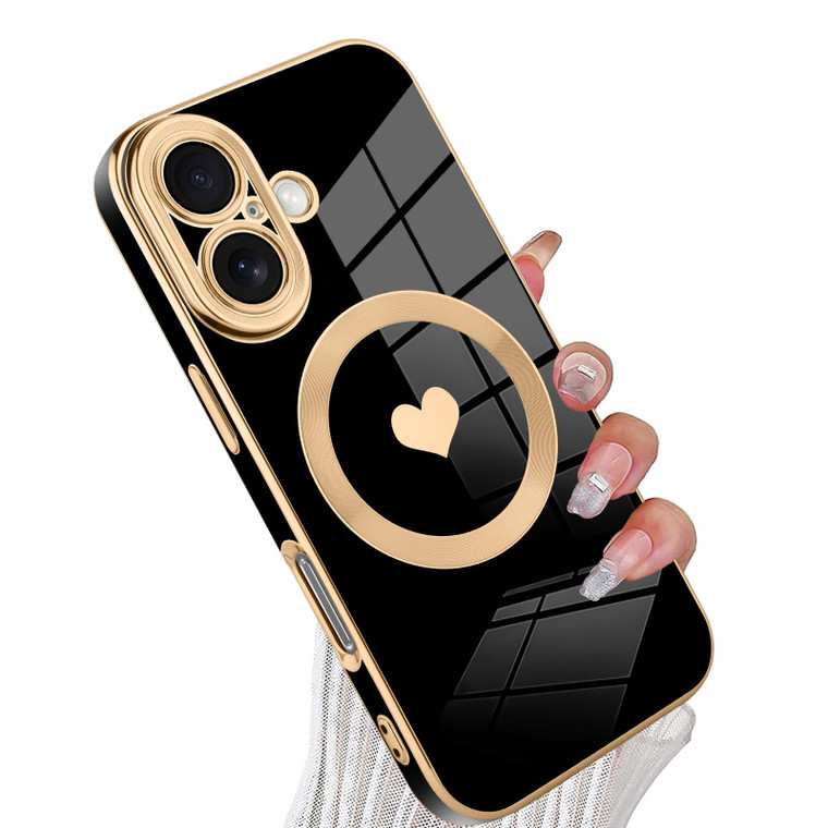 tharlet Magnetic for iPhone 16 Plus Case [Compatible with Magsafe] Cute Love Heart Luxury Plating Gold Edge Bumper with Full Camera Lens with Privacy