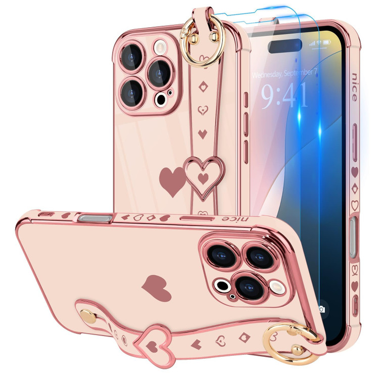 LLZ.COQUE Compatible with iPhone 16 Pro Max Case with Strap for Women Girls [2× Screen Protectors], Cute Love-Hearts, Wristband Kickstand Luxury Plat