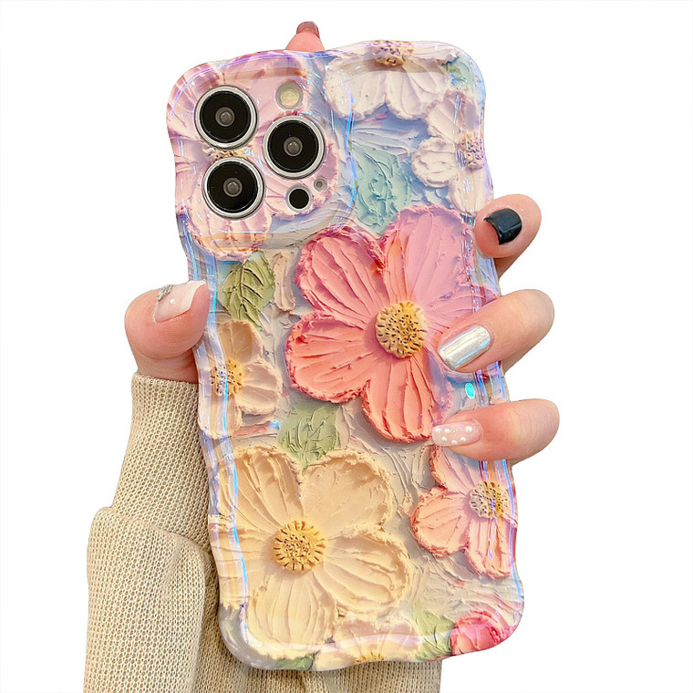 UEEBAI Flower Case for iPhone 16 Pro Max Case, Colorful Retro Oil Painting Girly Phone Cover Pretty Glossy Pattern Wave Cover Cute Sparkly Floral Cur