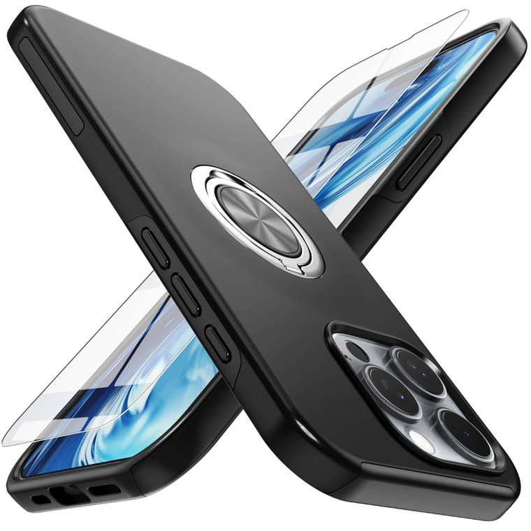Yamink for iPhone 16 Pro Case with Screen Protector(Tempered Glass),Hybrid 2 in 1 Protective Slim Fit Sturdy Phone Case with Invisible Magnetic Ring