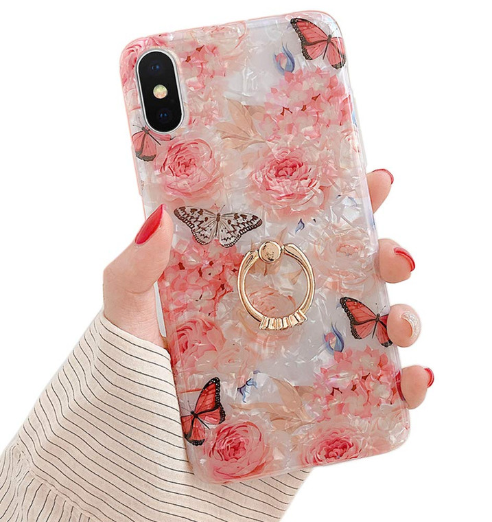 Qokey Compatible for iPhone X/iPhone Xs Case 5.8 inch Cute Clear Design for Women Girls with 360 Degree Rotating Ring Stand Kickstand Soft TPU Shockp