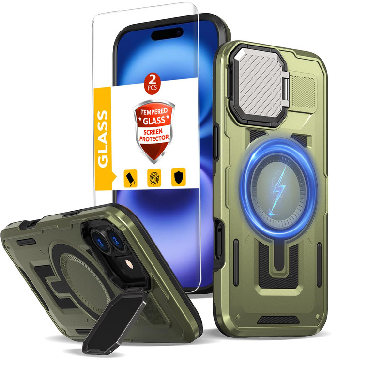 THBONRA for iPhone 16 Plus Case Magnetic [Compatible with MagSafe Support Wireless Charger] Built-in Camera Cover Kickstand+with 2 Tempered Glass Scr