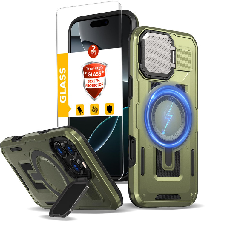 THBONRA for iPhone 16 Pro Max Case Magnetic[Compatible with MagSafe Support Wireless Charger]Built-in Camera Cover Kickstand+with 2Tempered Glass Scr