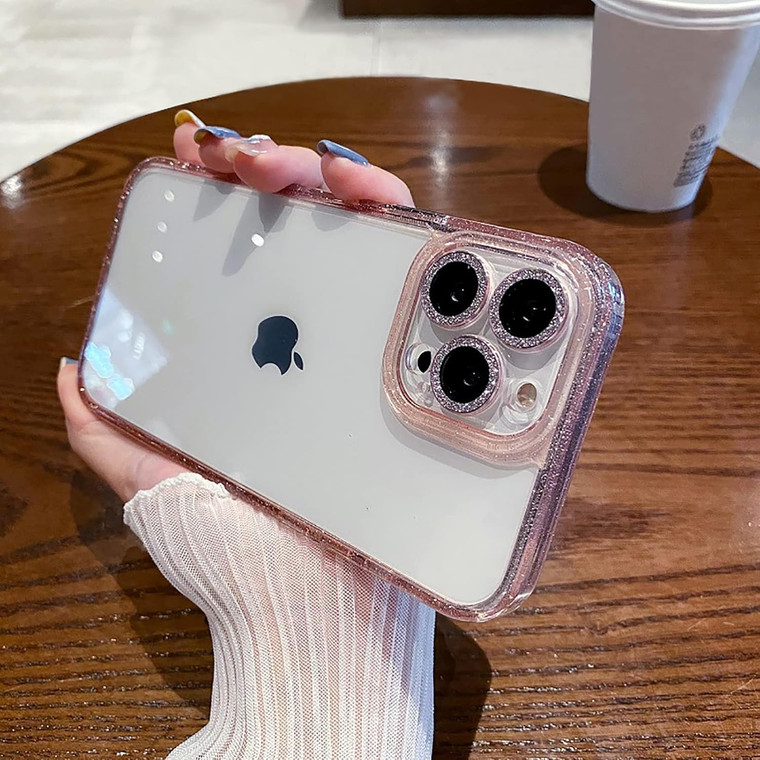 Eiyikof for iPhone 16 Pro Max Case with Bling Camera Lens Protector Cover Cute Sparkly Diamond Slim Clear Back & Glitter Bumper Silicone Shockproof P