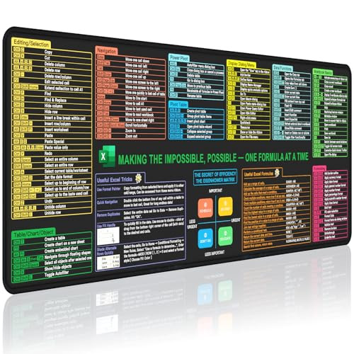 MIXVOVA Excel Cheat Sheet Desk Pad, XL Excel Mouse Pad 31.5"x11.8", Smooth & Easy-Clean Surface, Excel Shortcuts Mousepad for Office, Stitched Edges,