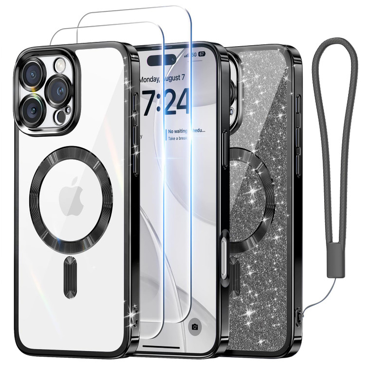 Meifigno Designed for iPhone 16 Pro Max Case 6.9", [Glitter Card & Wrist Strap] [Compatible with MagSafe] [2X Screen Protectors] Surround Lens Protec