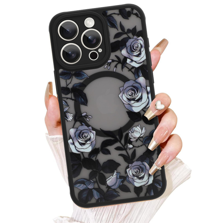AIGOMARA for iPhone 16 Pro Case, Compatible with MagSafe, Cute Rose Flower Pattern with Semi-Transparent Frosted Phone Case for Woman Gilrs Soft TPU
