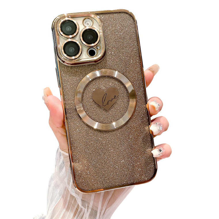 HYUEKOKO Compatible with iPhone 16 Pro Max 6.9 Inch Case with Magsafe, Plating Heart Glitter Magnetic Case for Women Girl TPU Camera Protection Back