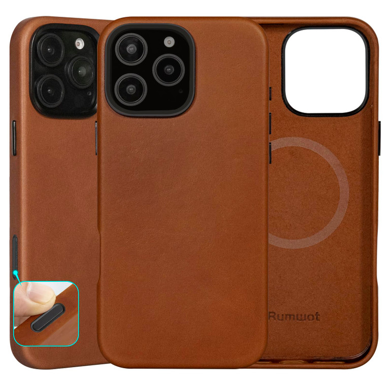 Rumwot Unique Patina Leather Case for iPhone 16 Pro with Camera Control Button Red Brown, Oil Wax Leather, Compatible with MagSafe, Slim Fit, Vintage