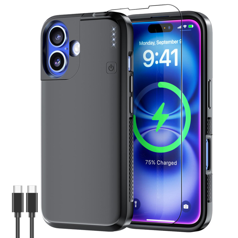 NEWDERY Upgraded Battery Case for iPhone 16, 5000mAh USB C Portable Power Bank, CarPlay, Sync-Data Supported, Rechargeable Charger Case Compatible wi