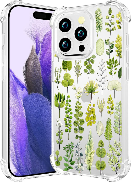 CCFUNCASE Compatible with iPhone 16 Pro Max Case Clear Cute for Women - Rugged Phone Cases Funda Protector Cover Skin (Green Leaves Plants Collection