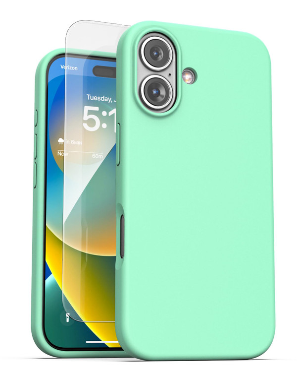 ENCASED Compatible with iPhone 16 Silicone Case with Screen Protector [Silk-Touch] Magnetic Grip Cover, Compatible with MagSafe (Green)