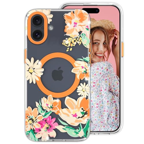YeLoveHaw for iPhone 16 Plus Magnetic Clear Phone Case for Women Girls, Glitter Cute Purple Floral Pattern [Compatible with MagSafe] Slim Protective