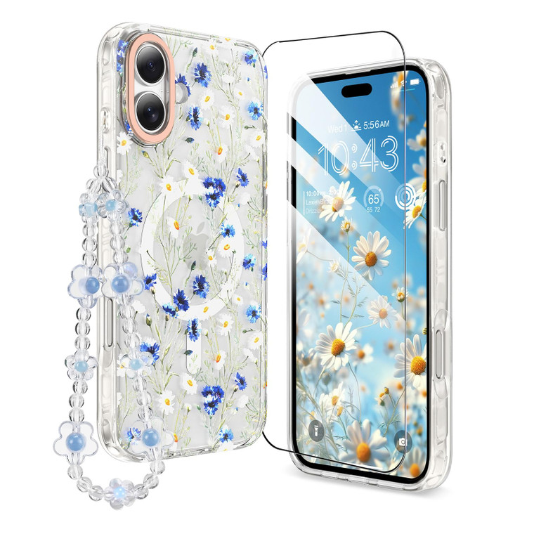 MILPROX Compatible with iPhone 16 Case - with Screen Protector/Strap - Compatible with MagSafe - Cute Flower Floral Pattern with Girls/Women - Magnet