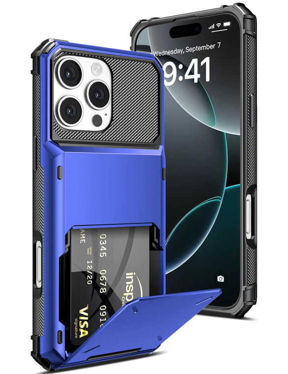 COOYA Wallet Case for iPhone 16 Pro 6.3'' Blue, 3-5 Credit Cards Holder, Slot Flip Cover, Back Pocket, Dual Layer Protective Hard Shell+Soft TPU Rubb