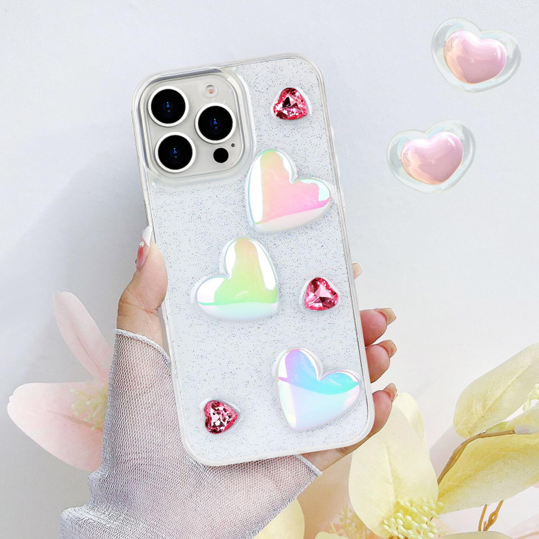 VALRION Compatible with iPhone 16 Pro Bling Case Laser Colour 3D Crystal Love Heart Pearl Diamond Glitter Clear Case Cute Girly Women Slim Soft TPU T