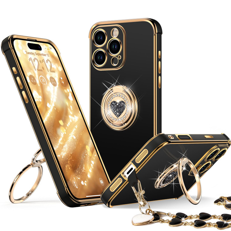 XYZ for iPhone 16 Pro Max Case with Stand, Phone Case with Double Ring Kickstand, Women Girls Bling Luxury Protective Case Heart for iPhone 16 Pro Ma