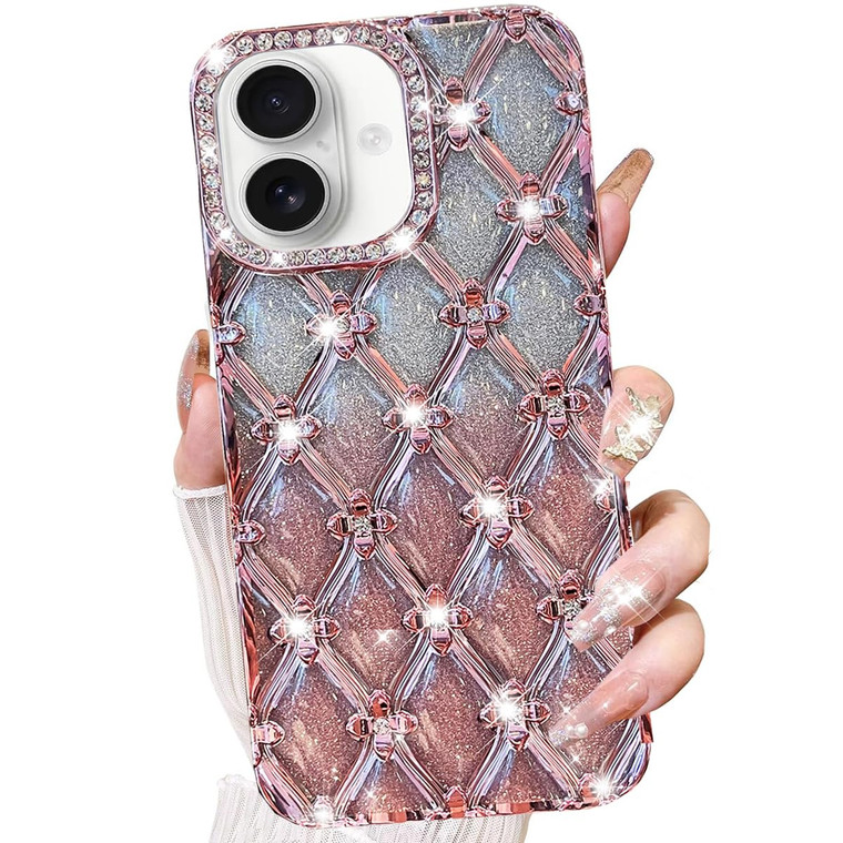 Changjia for iPhone 16 Plus Glitter Bling Case,Cute Luxury 3D Sparkle Rhinestone Diamond Flower Soft TPU Plating Bumper Shockproof Slim Protective Ca