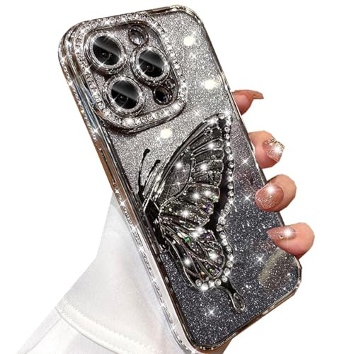 Changjia for iPhone 16 Pro Glitter 3D Butterfly Case,Cute Luxury Bling Sparkly Diamond Rhinestone Liquid Flowing Case with Camera Lens Protector Soft