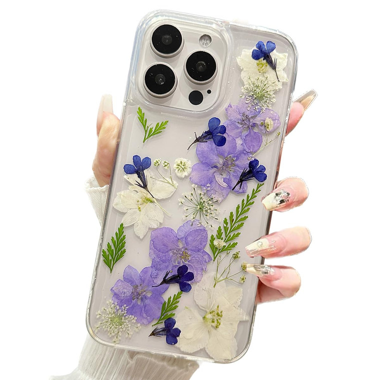 AuroiCCY for iPhone 16 Pro Clear Case with Pressed Real Flower Design, Glitter Cute Purple Floral Green Leaf Pattern Slim Soft TPU Protective Women G