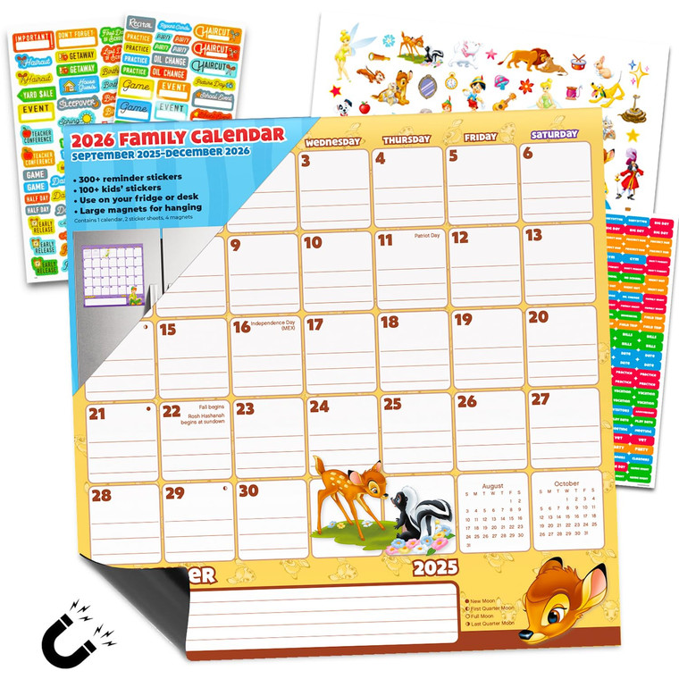 Disney Family Calendar 2026 - Deluxe 2026 Disney Characters Magnetic Family Planner Wall Calendar Bundle with Dumbo, Peter Pan, More & 500 Reminder S