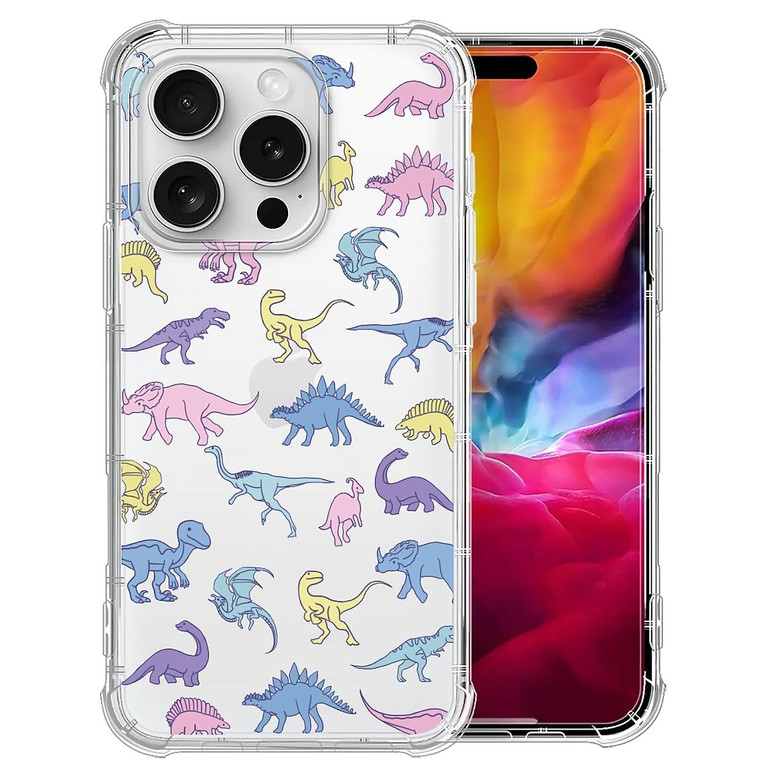 DAIZAG Clear Case Compatible with iPhone 16 Pro,Colorful Dinosaur Cute Soft Silicone Floral Print Clear Protective Cover