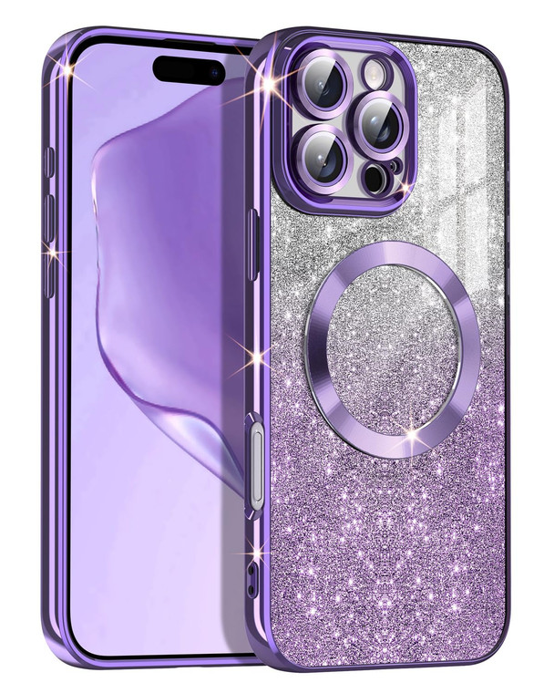 Casetego for iPhone 16 Pro Max Case,Compatible with MagSafe,Clear Magnetic Glitter Sparkle Luxury Plated Soft TPU Bumper Full Camera Lens Protector f