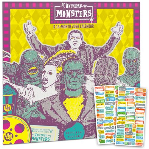 Universal Monsters Calendar 2026 - Deluxe 2026 Classic Horror Movies Wall Calendar Bundle with Over 100 Reminder Stickers (Slasher Movie Gifts, Offic
