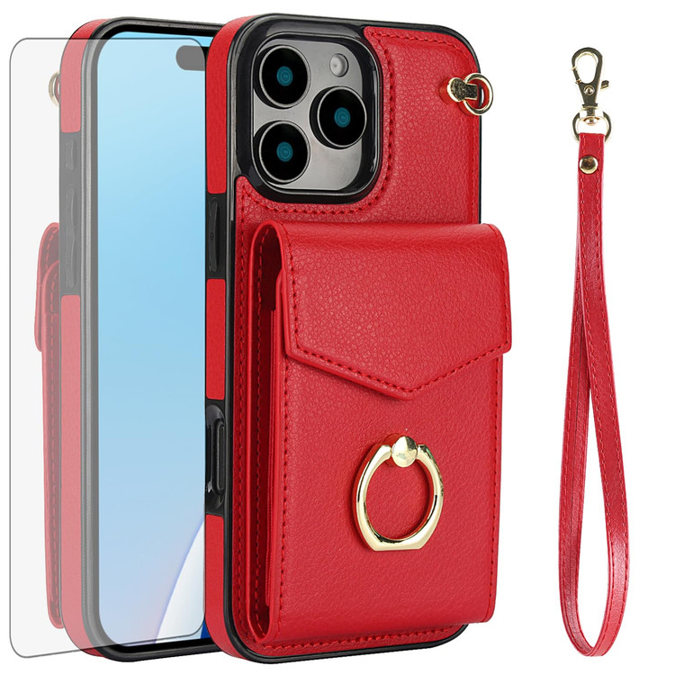 Asuwish Compatible with iPhone 16 Pro 6.3 inch Wallet Case Tempered Glass Screen Protector and RFID Blocking Ring Credit Card Holder Leather Slot Cel