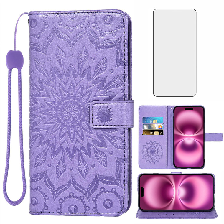 Phone Case for iPhone 16 Plus 6.7 inch Wallet with Tempered Glass Screen Protector and Sunflower Leather Slim Flip Cover Card Holder Stand Cell Acces