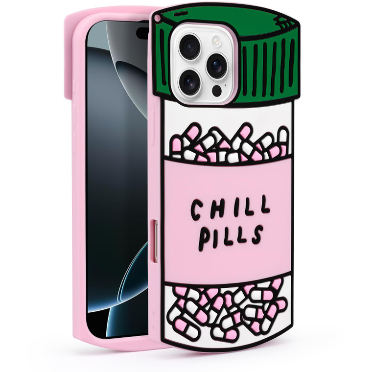 Dumkery Cute Case Compatible with iPhone 16 Pro Max Chill Pills Case, Girly Capsule Bottle Shape, 3D Soft Silicone Heavy Duty Protection Shockproof C